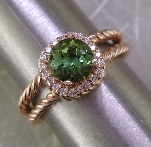14K rose gold, green tourmaline and diamond ring. As with most of our pieces, this is available any color metal, any center stone of choice.