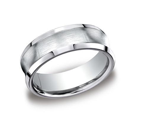 7mm wide cobalt chrome concave brushed and polished wedding band with beveled edges. Available also in tungsten (7mm) though it differs with flat-top edges.
