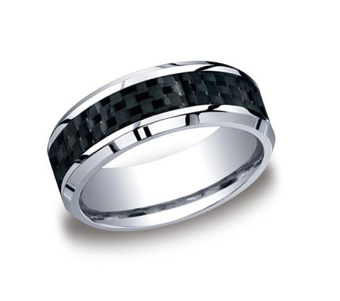 8mm wide cobalt chrome and carbon fiber wedding band. Also available in tungsten (7mm wide)