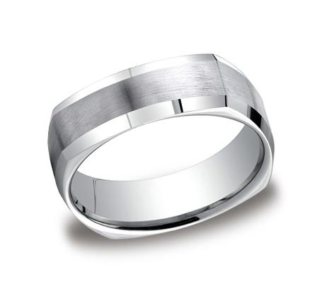 14K white gold 7mm wide brushed and polished square profile beveled edge wedding band. Available white, yellow, or rose gold.