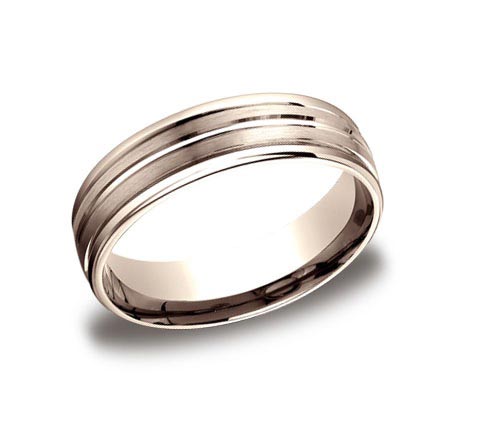 14K rose gold brushed and polished 6mm wide band. Also available 8mm wide. Available platinum, rose gold, white gold, yellow gold, tungsten (8mm), and cobalt chrome (8mm)