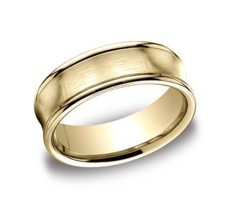 14K yellow gold 7mm wide brushed and polished concave band. Available in platinum, yellow gold, white gold, and rose gold.