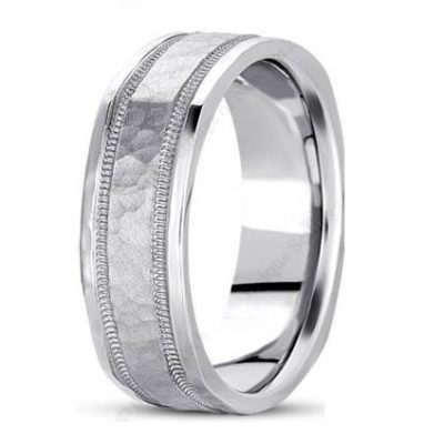 7mm wide square profile brushed and polished hammered and milgrain detailed wedding band.