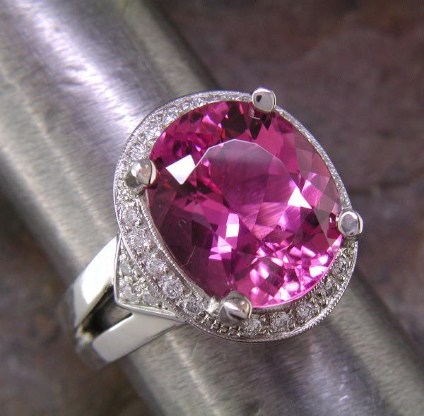 14K white gold ring with large oval pink tourmaline.