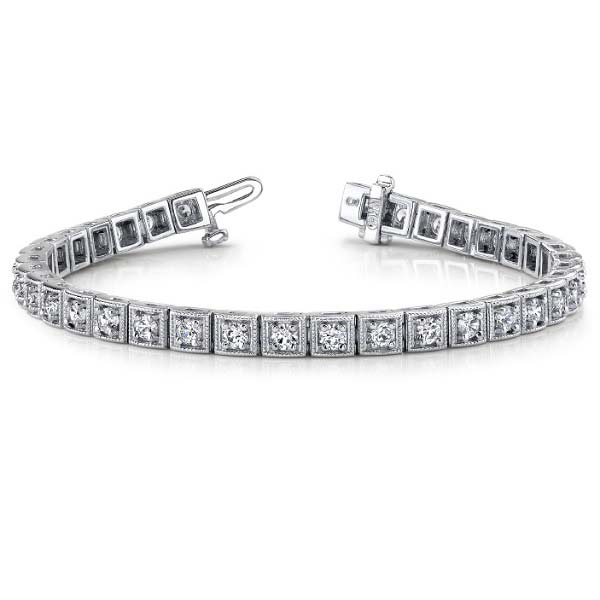 14K white gold milgrain detailed tennis bracelet. Available in many total carat weights and lengths.