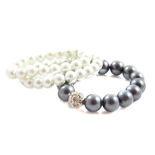 white & gray pearl bracelets on a white background